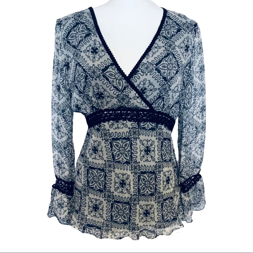 Eci new york 100% silk sheer long sleeve black & white top